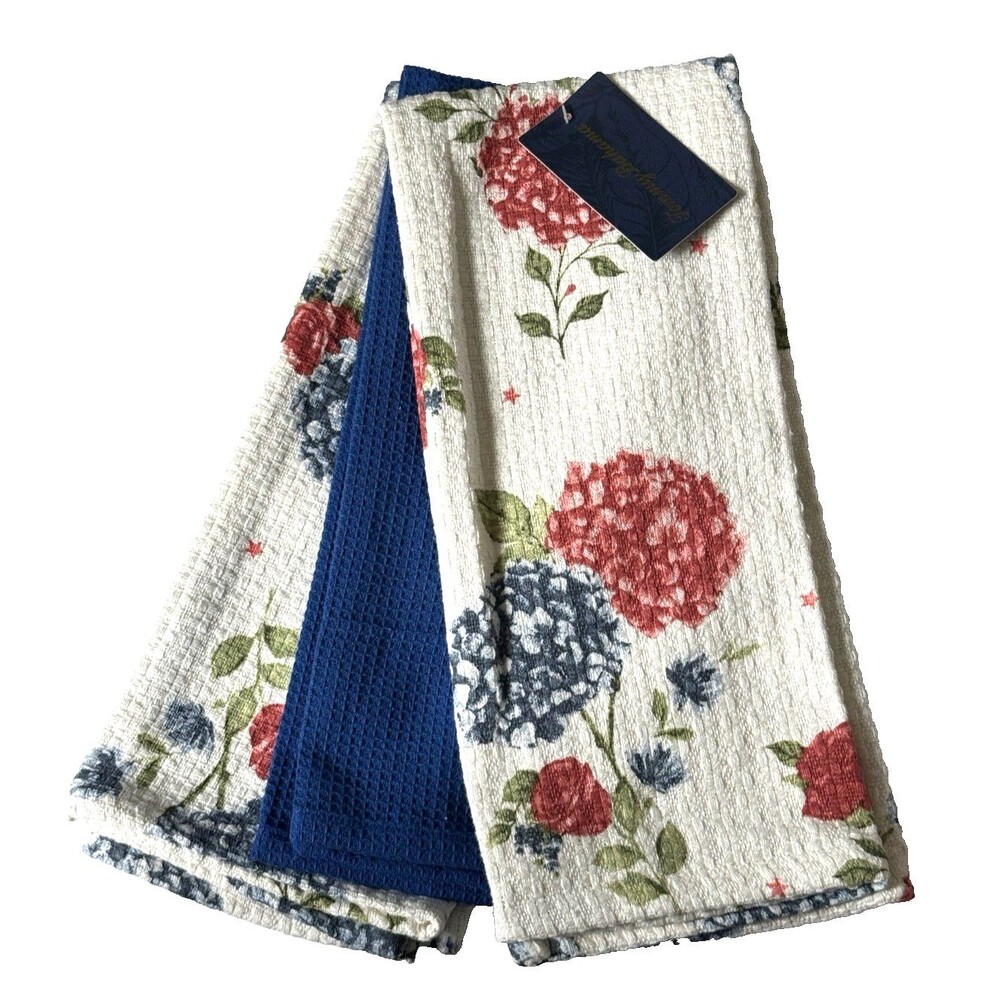Tommy Bahama Kitchen Towels Hydrangea Cotton 18X28 Set of 3 Red White Blue